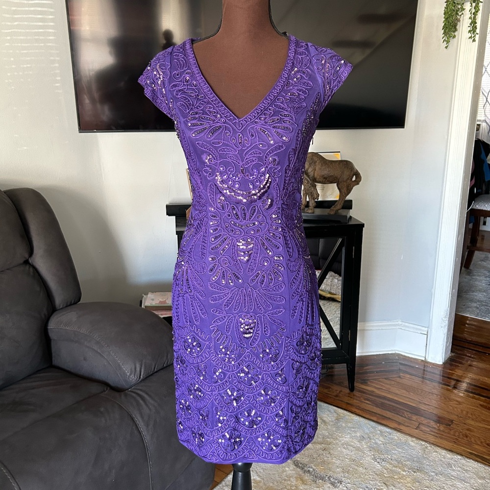 Sue Wong Womens Cocktail Dress V Neck sequin Beading